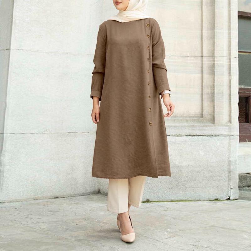 MA133 - Long Sleeve Button Pleated Tunic - Dark Beige  (S)
