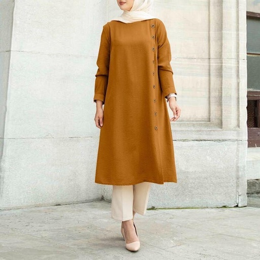 MA133 - Long Sleeve Button Pleated Tunic - Mustard 