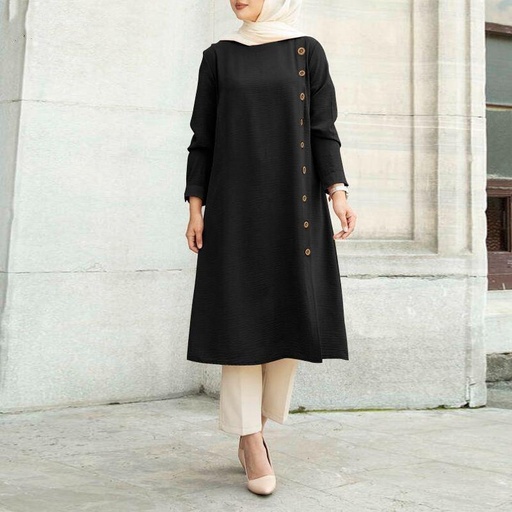 MA133 - Long Sleeve Button Pleated Tunic - Black 